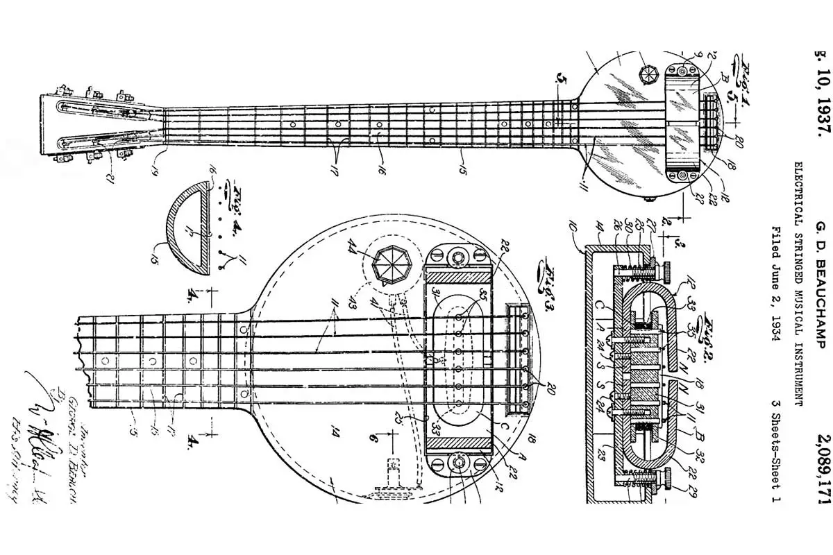 inventor of electric guitar , amplifying sounds, guitar players, circular body, metallic drone