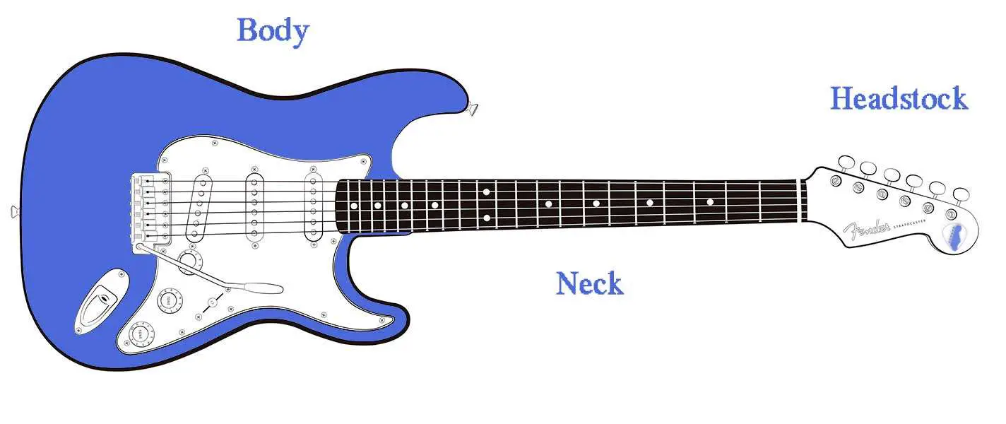 electric guitar anatomy, neck pickup, bridge pickup, truss rod, tone controls, volume knob
