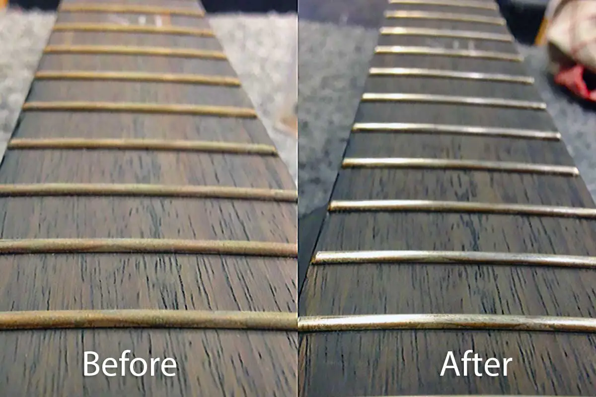 Advanced Fret Maintenance Techniques, before and after fret polish