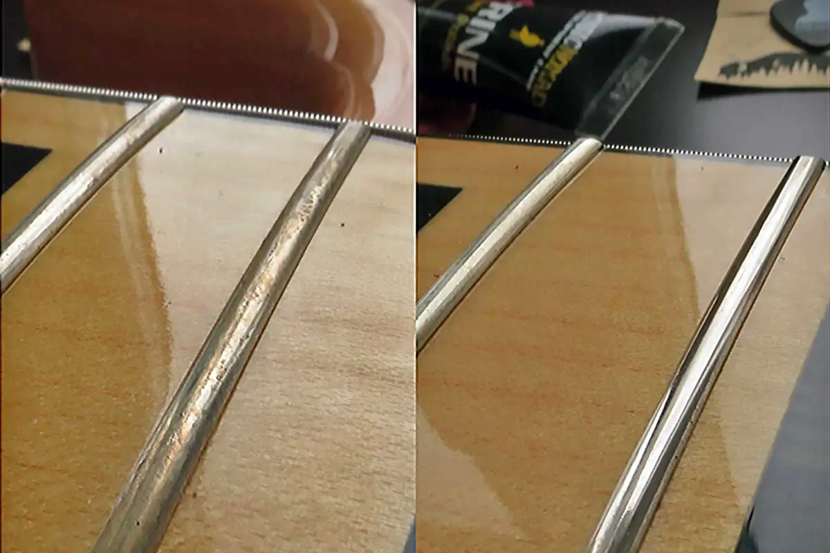 how to clean guitar frets, before and after, oxidation removal, polished frets